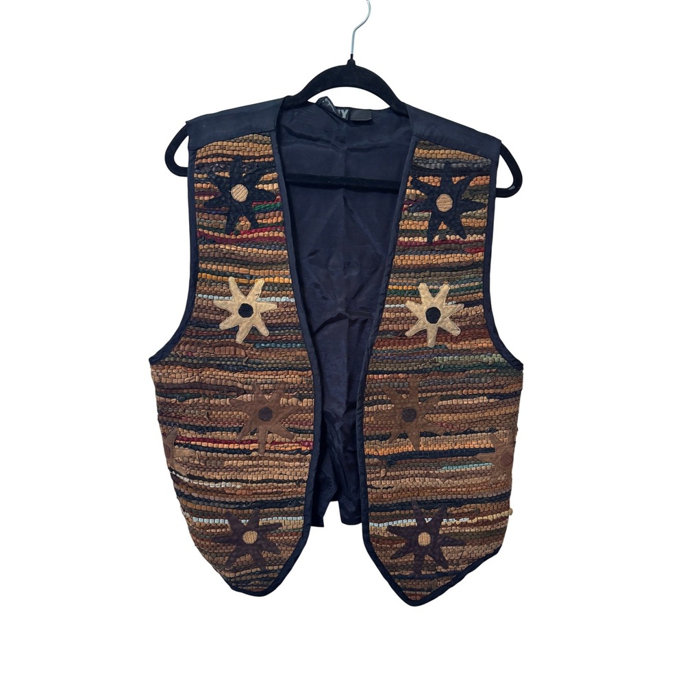 AJNY Womens Woven Leather Rag Vest Star Applique Boho Western Brown Multicolor